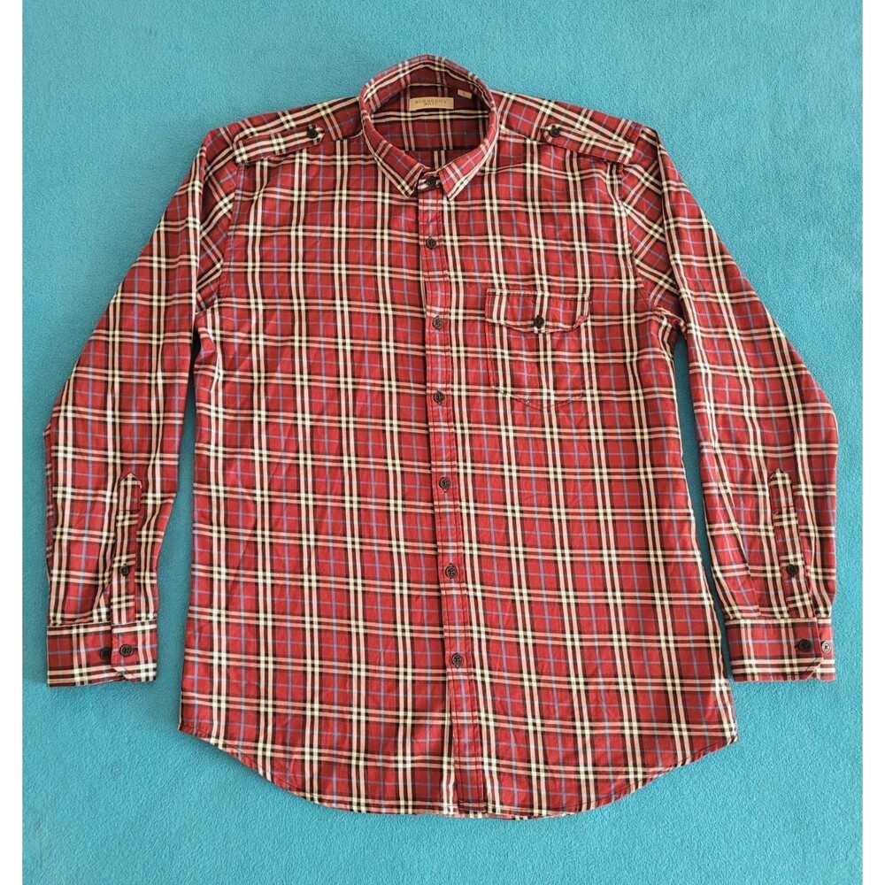 Burberry Brit Classic Long Sleeve Red Nova Check Shirt Size L Linen Blend Casual